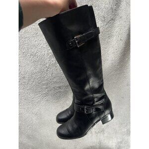 Bandolino Pries Women's 8 Black Leather Riding Boots Buckled Preppy Old Money